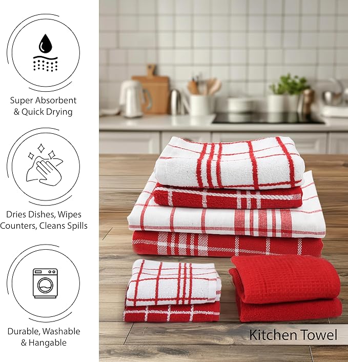 Encasa XO Kitchen and Dish Towels - Oven Mitts - Pot Holder Set of 12 Pc - Pure Cotton - Dishcloths Red Combo