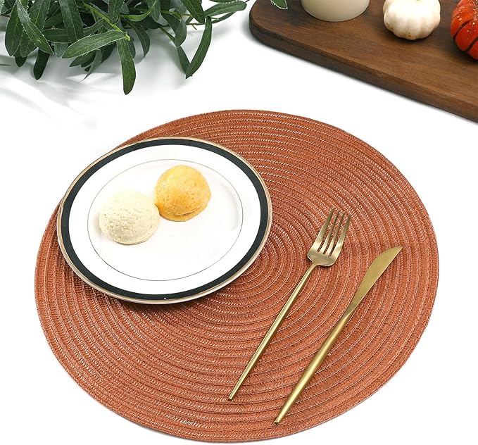 SHACOS Round Placemats Set of 6 Washable 15 inch Round Placemat Cotton Polyester Woven Braided Table Place Mats for Dining Table Decor, Dark Orange