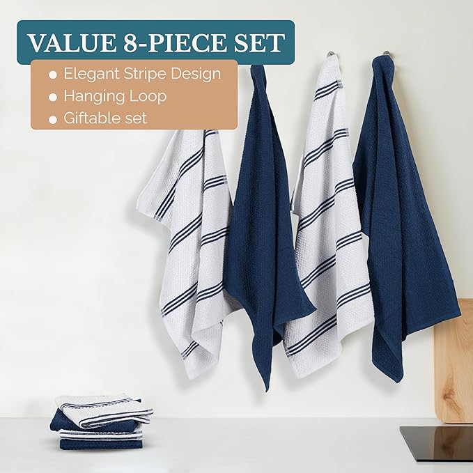 Casa Platino Dish Towels for Drying Dishes and Kitchen Towels and Dishcloths Sets, Cotton Kitchen Towel Set 8 Piece Kit with Mixed Textures, Built for Everyday Wiping, Rinsing, and Spills – Blue
