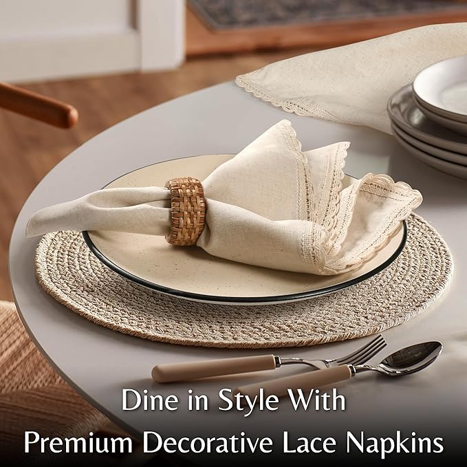 Ramanta Home Natural Coth Dinner Napkin Set of 12 Premium Cotton 20X20 Inch Oversized Linen Flax Lace Soft & Durable Washable Ideal for Easter, Spring Decor, Wedding Parties, Everyday Use