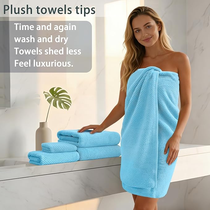 VOOVA & MOVAS Bath Towel Set, 4PC Large 30" x 56" - 100% Cotton | Quick Dry | Thick | Light Weight | Soft | Absorbency, Bath Towels Set for Bathroom, Bathroom Essentials, Ocean Blue