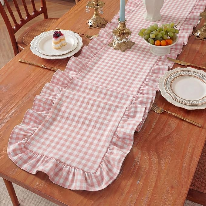HunnmingRe 1 Pcs Light Pink Plaid Gingham Ruffle Table Runner 72 x 13.8'' Farmhouse Easter Table Runner 100% Cotton Scalloped Long Dresser Scarves for Dining Room, Wedding, Kitchen Rustic Home Decor