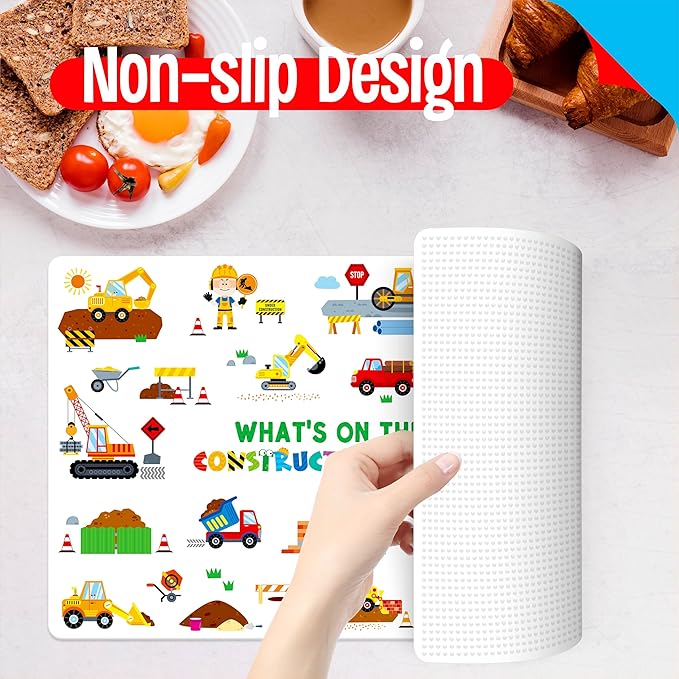 6 Pack Placemats for Kids, Non-Slip Washable, Reusable Placemat - Dinosaur, Farm/Wild/Marine Animals, Construction Site, Universe, Educational Placemats for Home, Kindergarten, Classroom, Nursery
