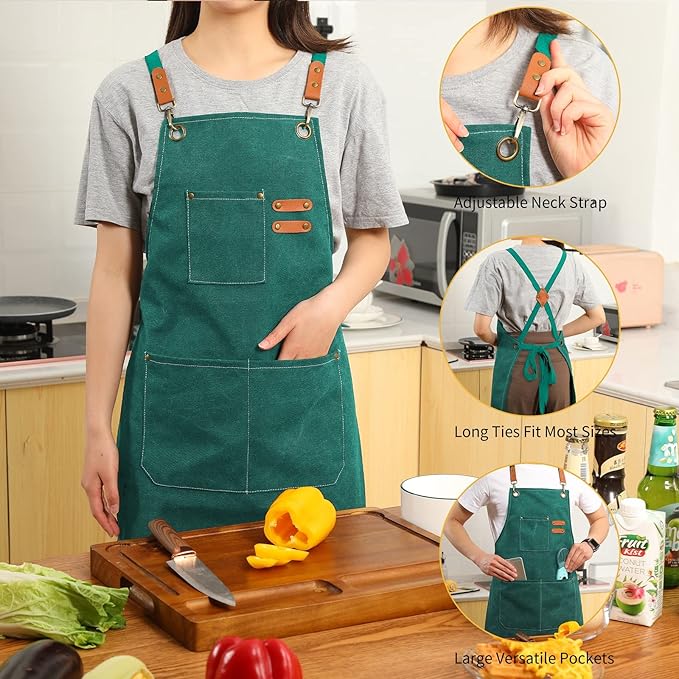 Tosewever Canvas Cross Back Chef Cotton Aprons for Men Women with Large Pockets