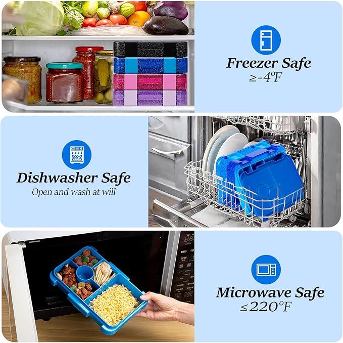 Bento Lunch Box for Kids, 6 Compartments BPA Free, Dishwasher Safe Back to School Snack Bento Lunch Containers Boxes, Ideal Portion Sizes for On-the-Go Meal, Shiny Blue