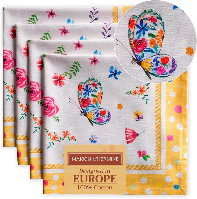 Maison d' Hermine Cloth Napkins Set of 4 100% Cotton Everyday Reusable Square Napkins Cloth Washable Dinner Wedding Gifts for Mothers Day Spring/Summer (Happy Florals - Sweety, 20" x 20")