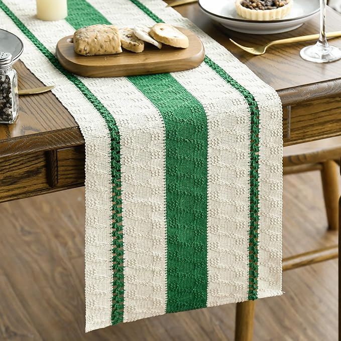 Artoid Mode Dark Green Farmhouse Woven Rustic Table Runner, Seasonal Holiday Hollow Kitchen Dining Table Decoration for Home Party Decor 12x72 Inch