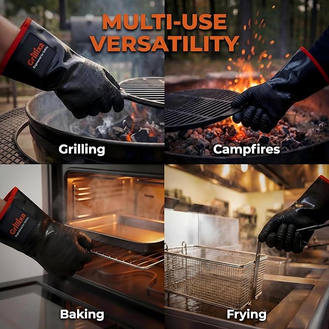 932°F Light Heat Resistant BBQ Gloves, 14-Inch Waterproof Neoprene Grill Gloves, Oil & Slip Resistant with Cotton Lining, for Oven, Smoker, Fire Pit, Rotisserie and BBQ Cooking