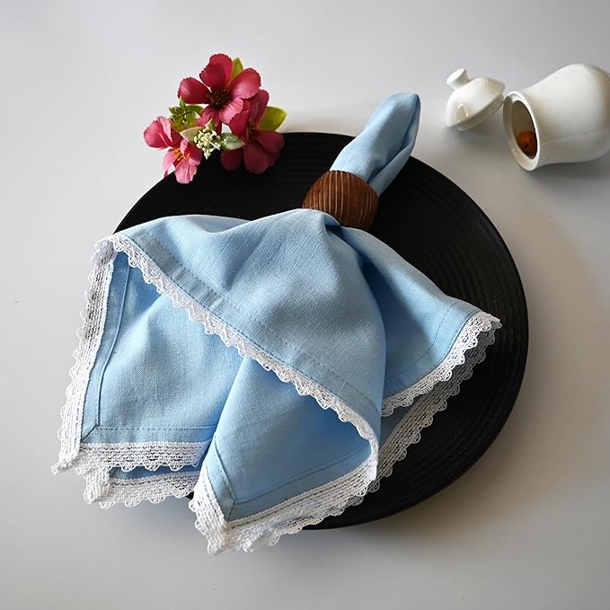 Fingercraft Dinner Cloth Napkin Cotton Linen Blend 12 Pack Mitered Corners with Elegant Lace for Everyday Use Napkins are Pre Shrunk and Good Absorbency Sky Blue, 20in x 20in (Set of 12) Easter Color