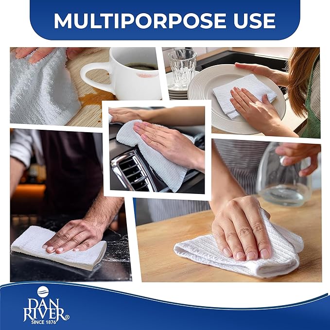DAN RIVER 100% Cotton Bar Mop, 16x19 inches, Pack of 12, 350 GSM, White - Super Absorbent Multi-Purpose Cleaning Towels for Home, Bar, Kitchen, Restaurants, Mopping Floor, Offices, and Commercial Use