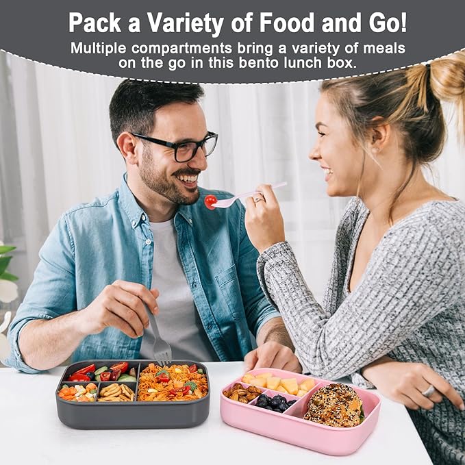 Caperci Stackable Bento Lunch Box for Adult & Teens - Reinforced Leak-Proof Lunch Container 4-Compartment with Utensils & Sauce Container, BPA-Free, Dishwasher/Microwave Safe, 47oz (Dark Gray)