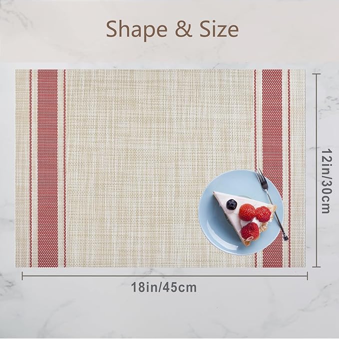 DACHUI Placemats Set of 8, Soft & Elegant Woven Vinyl Place Mats, Water Resistant, Heat Resistant, Washable, Durable Table Mats (Red Stripes)