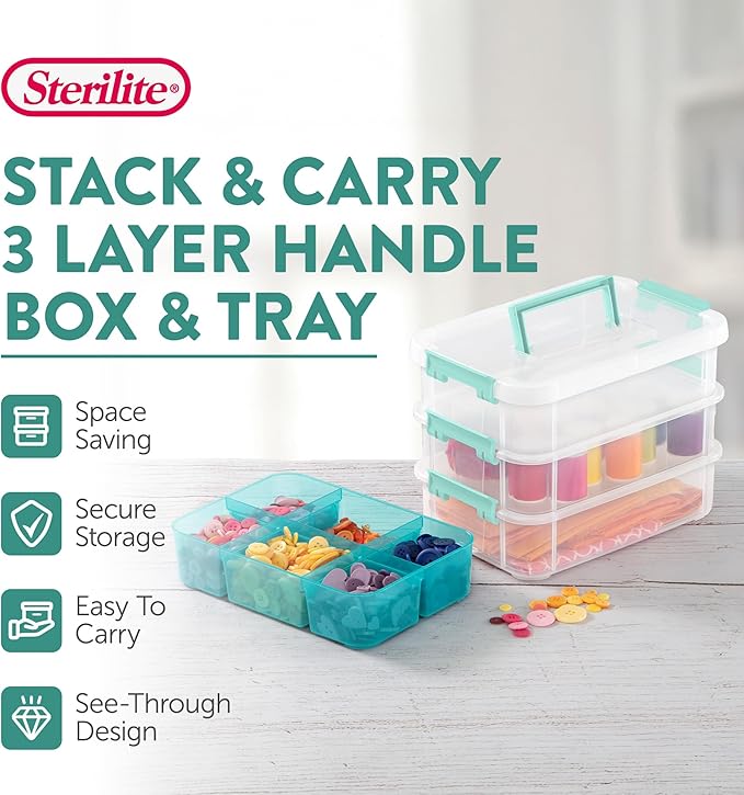 Sterilite 12 Pack Plastic Storage Box Container, 3 Layer, Stack and Carry, Clear/Blue