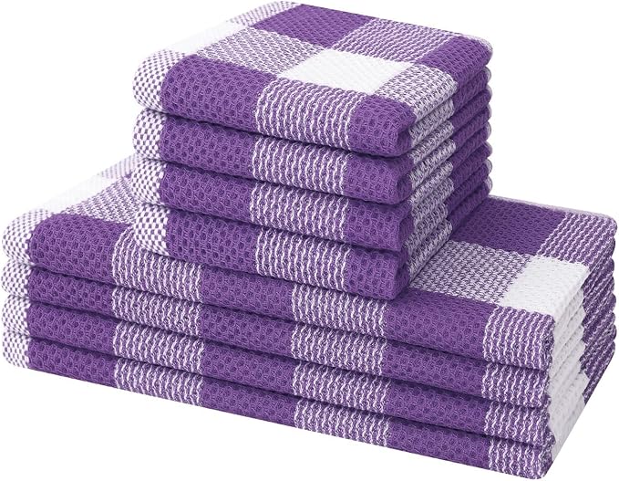Mordimy Kitchen Towels and Dish Cloths Set, 28 X 13 Inch and 12 X 12 Inch, Set of 8 Soft and Super Absorbent Dish Towels for Drying Dishes, Purple & White