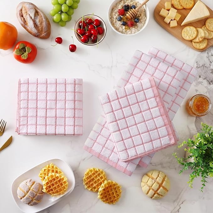 Homaxy Premium Kitchen Towels(16”x 28”, 8 Pack), Large Ring Spun Cotton Dish Towels, Super Absorbent Soft Terry Kitchen Hand Towels, Check Design Tea Towel Set with Hanging Loop, Pink