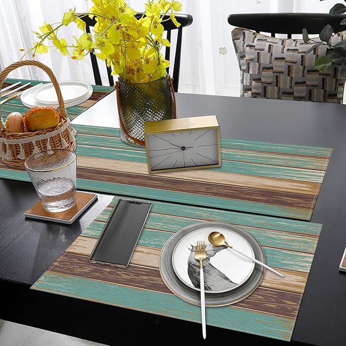ArtSocket Farmhouse Table Runner and Placemats Set of 6, Blue Teal Green Board Painting Art Dining Decor for Daily Use(1 Table Runner 72 inches Long and 6 Placemats)