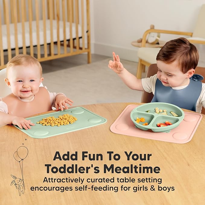 KeaBabies 2pk Silicone Placemats for Toddlers, Kids - 12x9 Non Slip Suction Baby Silicone Placemat for Restaurants, Dining Table,Travel, Easy to Clean,Food Grade/BPA-Free,Small Baby Table Mat(Mellow)