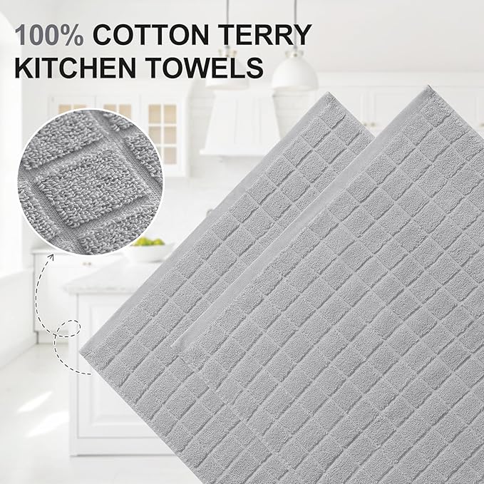 Homaxy Premium Cotton Kitchen Towels 16"x 28", Large Natural Ring Spun 390 GSM Dish Towels, Super Absorbent Terry Kitchen Hand Towels, Soft Tea Towels with Hanging Loop, Pure Light Grey Design, 6 Pack