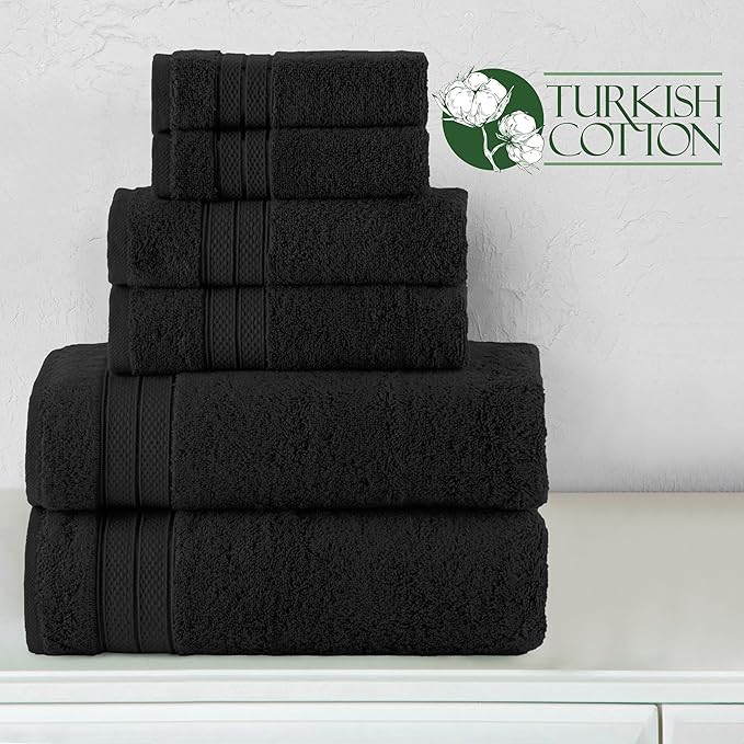 Elegant Comfort Luxury 6-Piece Towel Set, Premium Soft 100% Turkish Cotton, Three Line Popcorn Design 2 Bath Towels, 2 Hand Towels and 2 Washcloths Towel Set - Quick-Drying and Absorbent, Black