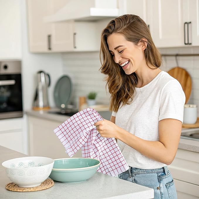 Homaxy 100% Cotton Kitchen Towels 4 Pack-15 X 25 Inches, Check Design Waffle Weave Hand Tea Towels, Super Soft and Absorbent Dish Towel for Drying Dishes, Red