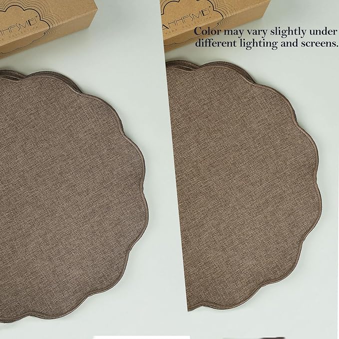 AHHFSMEI Round Faux Linen Placemats Set of 4 Heat Resistant Non-Slip Stain Proof Table Mats for Kitchen Dining Elegant Decor Place Mats (Brown,4)