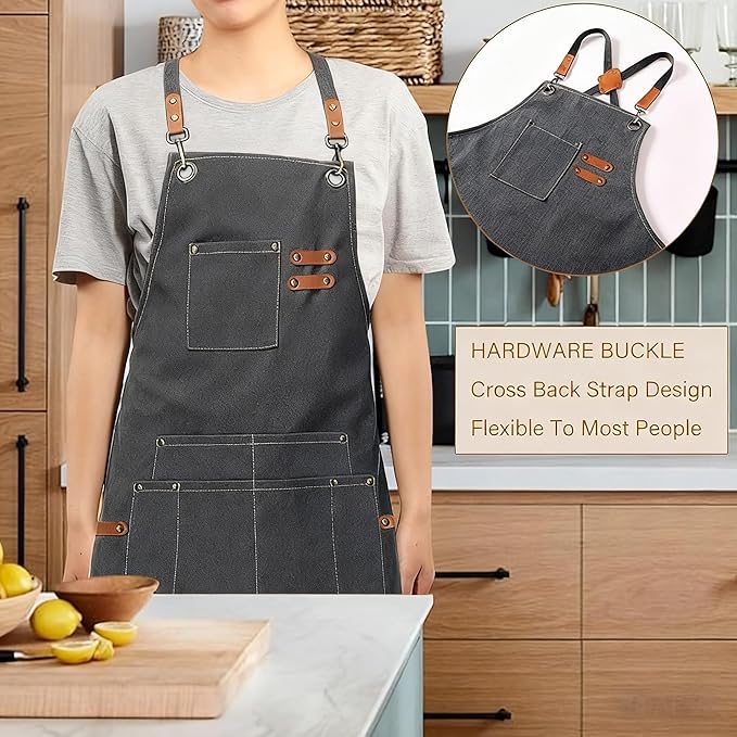 Canvas Work Apron,Cross Back Aprons for Men,Women,Cooking,Carpenter,Woodworking,Chef,BBQ,Grilling,Bartender