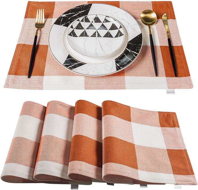 Orange Placemats Set of 4, Linen Buffalo Plaid Double Layer Spring Placemats Check Kitchen Table Mats,Waterproof Heat Resistant Durable Cloth Washable Placemats 12 x 18 Inches