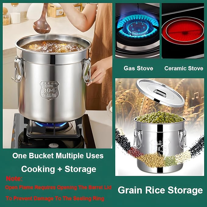 304 Stainless Steel Airtight Canister, Metal Cereal Flour Storage Container with Carry Handle Sealed Lid Coffee Canisters for Household Kitchen Bean Oil Milk Barrel (21L / 5.5 Gal)