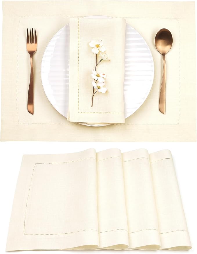 D'Moksha Homes Linen Placemats Set of 4 - Classic Hemstitch Ivory Placemats 14 x 19 Inch - 100% Pure Linen Table Mats for Mothers Day, Spring - Handcrafted and Machine Washable