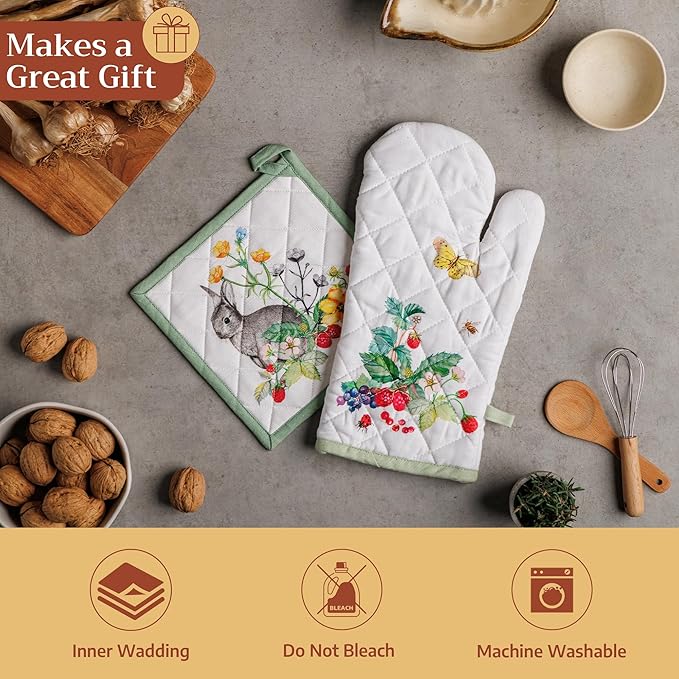 Maison d' Hermine Pot Holders 100% Cotton Heat Resistant Potholders 8" x 8" Hot Pads with Loop BBQ Cooking Baking Gifts for Mothers Day Handling Hot Pans Spring/Summer (Pack of 2, Printemps)