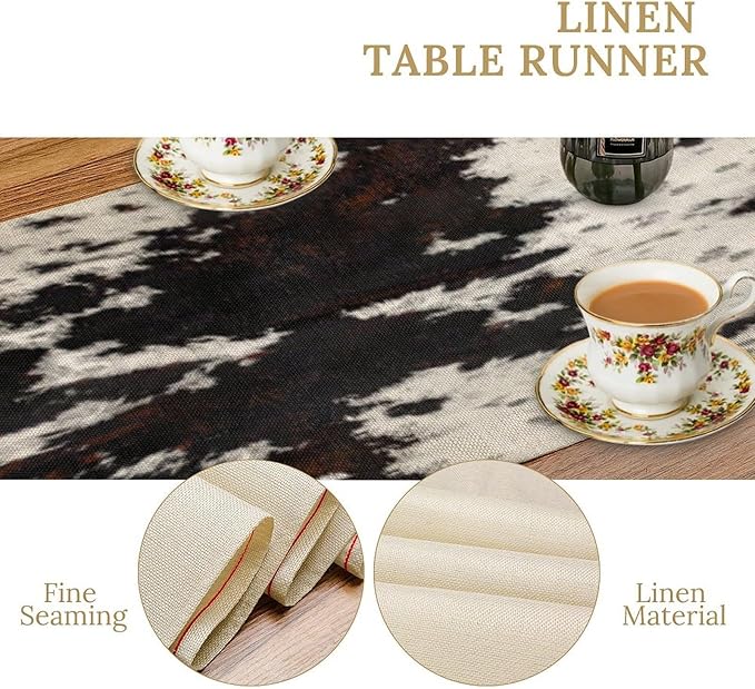 Cow Skin Print Table Runner, Cotton Linen Rustic Cottage Country Farm Animal Fur Skin Pattern Western Style Black Brown Cowhide Print Dinner Runner for Home Kitchen Dining Table Decoration 13"x60"