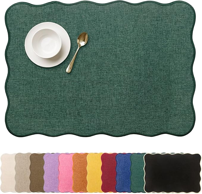 AHHFSMEI Faux Linen Placemats Set of 6 Heat Resistant Non-Slip Stain Proof Table Mats for Kitchen Dining Elegant Decor Place Mats (Green)