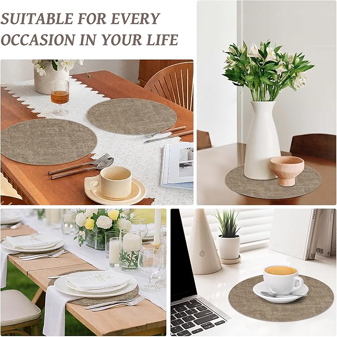 13" Round Placemats Set of 8, Reversible Faux Leather Heat Resistant Table Mats, Waterproof Oilproof Wipeable Table Protective Placemats for Vinyl, Washable for Indoor & Outdoor Use (8, Light Coffee)
