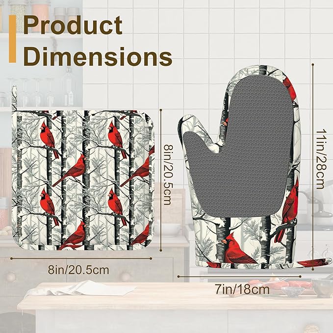 Red Cardinal Birds Oven Mitts and Pot Holders Set of 4,Kitchen Glove Heat Resistant Oven Mitts with Non-Slip Silicone for Baking, Cooking, BBQ
