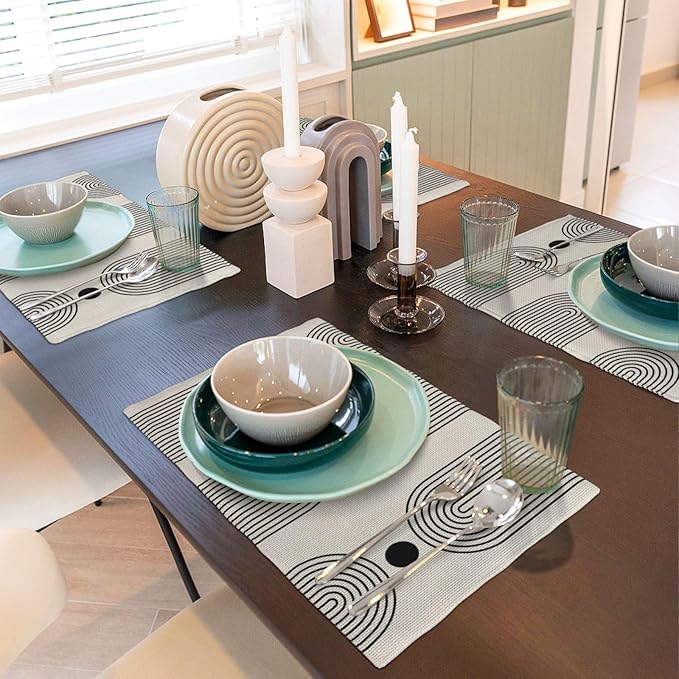 Boho Mid Century Placemats 12x18 Inch Set of 4, Abstract Simple Sun Arch Pattern Table Place Mat Boho Modern Black Spot Washable Table Mats Decorative Linen Fabric Table Mat for Dining Table