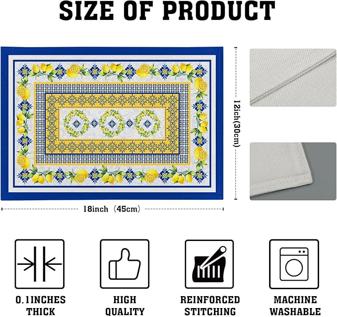 Lemon Summer Table Placemats for Dining 12 x 18 Inch Set of 4，Blue Yellow Boho Heat-Resistant Washable Table Non-Slip Rectangle Place Mat for Seasonal Party Kitchen Dining Table Decor