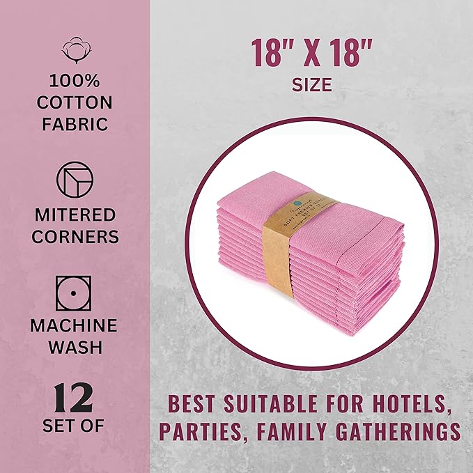 Fingercraft Cloth Napkins, Dual Color Hemstitched Design Dinner Napkins, Everyday Use,Premium Quality Cotton Napkins Perfect for Parties Dinners Weddings Christmas Set of 12, 20 inch Rose White