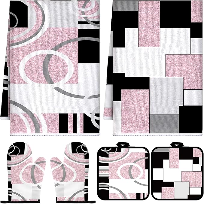 Jingmore 6 Pcs Kitchen Decor Set Accessory Farmhouse Kitchen Towels Pot Holders Oven Mitts Set 2 Dish Towels 2 Pot Holders 2 Cooking Mittens Oven Glove for Cooking (Pink, White, Black,Geometric)