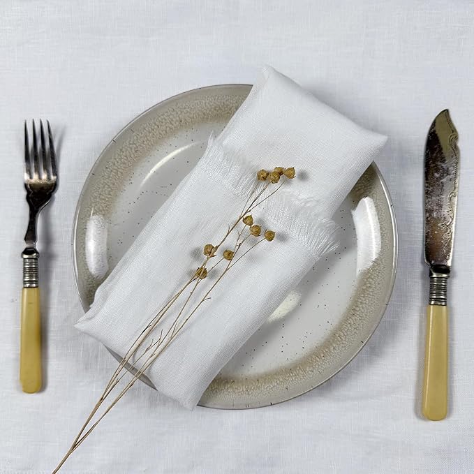 100% Pure Linen Kitchen Towel Set, Includes 2 Towels, 20" x 27", Handcrafted with Hanging Loop and Fringe Design (White)