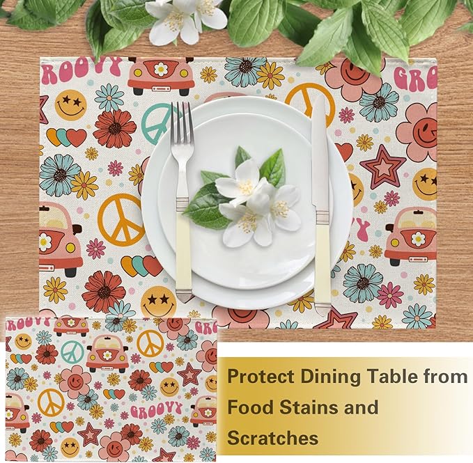 Groovy Hippie Daisy Flower Placemats Set of 4, Vintage Bus Floral Peace Love Hearts Dining Place Mats Table Decor, Retro Smiley Face Home Kitchen Decoration 12''x18''