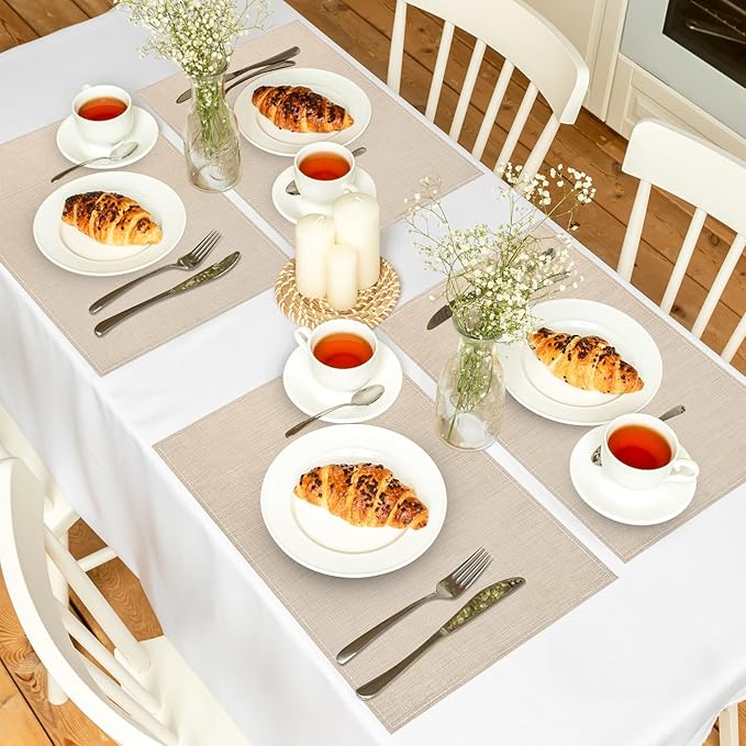 Bloss Beige Placemats Set of 6-12x18 Inch Table Mats Washable Heat-Resistant Place Mats for Dining Table, Easy to Clean Seasonal Place Mats for Holiday Party Kitchen Dining Table Decoration