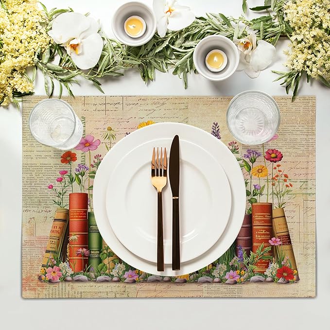 Vintage Books Linen Placemat Set of 4 Decoration Printed Place Mat for Home Table Decor
