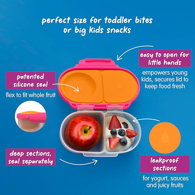 b.box Snack Box 2-Pack - Leak Proof Mini Bento Box for Kids & Toddlers, 2 Compartment Snack Containers for Kids, Dishwasher Safe, BPA-Free, PFAS-Free, Ages 4mo+, 1 3/4 Cup Each (Strawberry + Lilac)