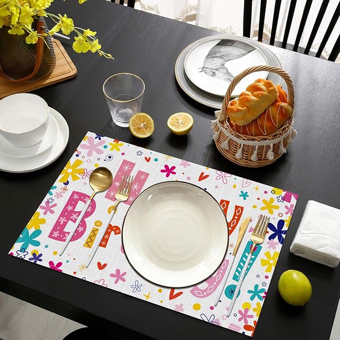 Happy Birthday Placemats Set of 6, Washable Heat Resistant Table Mat Linen Place Mats for Party Kitchen Dining Home Decor 12x18 Inch