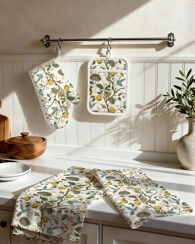 Miss Adola 270 GSM Cotton Kitchen Towels, Oven Mitt and Pot Holder - 4 Pack Kitchen Decor and Accessories Set Spring Cute Farmhouse Boho Quilted Lining Heat Resistant Set with Hanging Loop, Lemon Bird