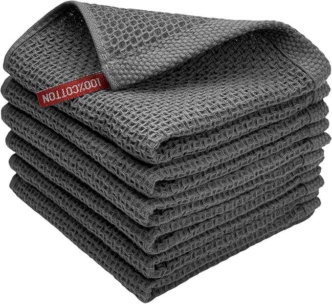 100% Cotton Waffle Weave Kitchen Towels, 6 Pack Dish Cloths for Washing Dishes, Ultra Soft Absorbent Dish Towels, Quick Drying Kitchen Rags, 12x12 Inches, Dark Grey