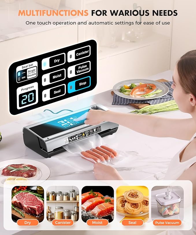Food Vacuum Sealer Machine, 95KPa Powerful Food Saver with Dry/Moist/External Vacuum Modes, Built-in Cutter & Bag Storage, Single/Double Sealing, 1 Bag & 15 Pre-cut Bags