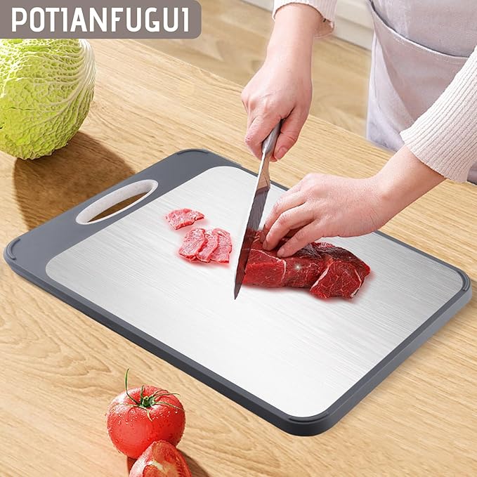 2 In 1 Cutting Boards Non Toxic for Gourmet Kitchen Aficionados - 304 Stainless Steel and Food Grade Wheat Straw Double Sided Design - Easy-Clean With Juice Groove (HQ-B002)