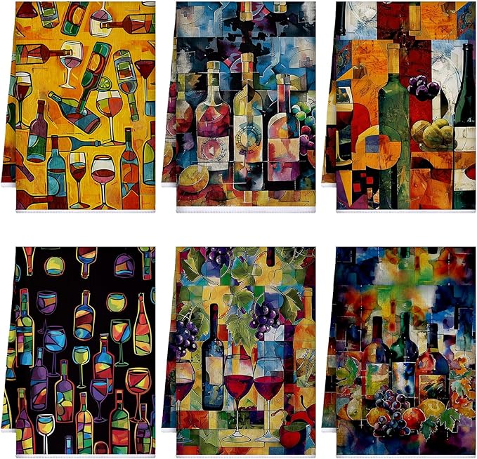 Bencailor 6 Pcs Picasso Wine Kitchen Towels Decorative Sets Dish Towels Absorbent Fast Drying Hand Tea Vintage Hanging Reusable Cleaning Dishcloths for Cooking Farmhouse Bathroom Accessory