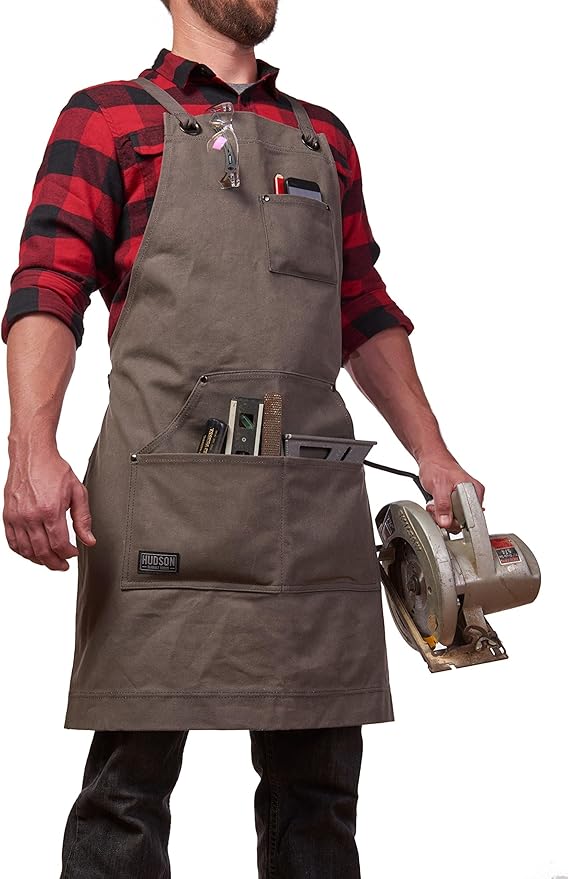 Hudson Durable Goods Heavy Duty Waxed Canvas Work Apron with Tool Pockets (Black), Cross-Back Straps & Adjustable M to XXL (Grey)
